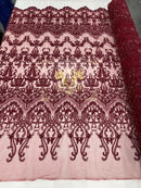 Damask Beaded Glam Fabric - Burgundy - Embroidery Beaded Fabric with Round Beads Sold By The Yard