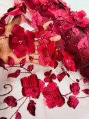 3D Orquidia Floral Lace - Burgundy - Beautiful Orchid Flower Fabric on Mesh by Yard