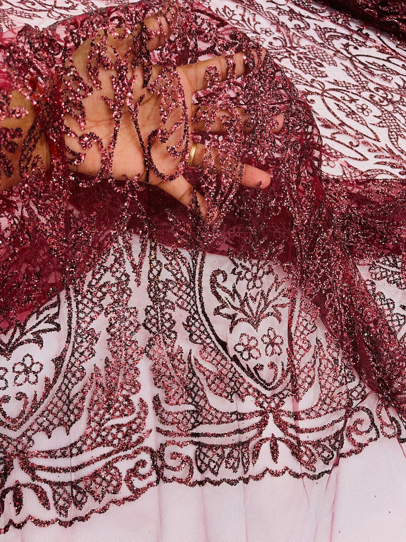 Beautiful Damask Design Glitter Fabric - Burgundy - Glitter Design on Lace Mesh Dress Fabric By Yard