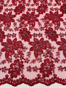 Metallic Floral Lace Fabric - Burgundy - Hologram Sequins Floral Metallic Thread Fabric by Yard