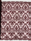 Beaded Butterfly Pattern Fabric - Burgundy - Damask Fancy Bead Sequins Fabric Sold by Yard