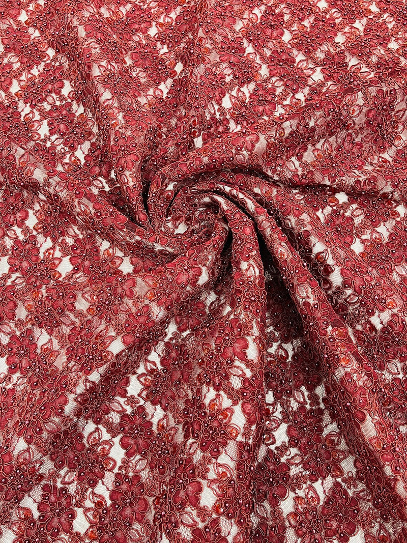 Pearls and Sequins Floral Fabric - Burgundy - Embroidered Beaded Sequins Fabric Lace By Yard