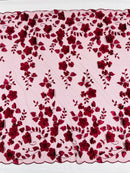 Floral 3D Pearl Fabric - Burgundy - Embroidered Double Border Flower Design Pearl Fabric By Yard