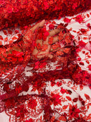 3D Glitter Floral Fabric - Burgundy - Glitter Sequin Flower Design on Lace Mesh Fabric by Yard