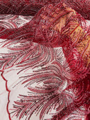 Beaded Line Fabric - Burgundy - Luxury Bridal Line Pattern Fabric With Beads, Sequins Sold By Yard