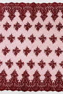 Floral Damask Corded Fabric - Burgundy - Embroidered Floral Design with Damask Border By Yard