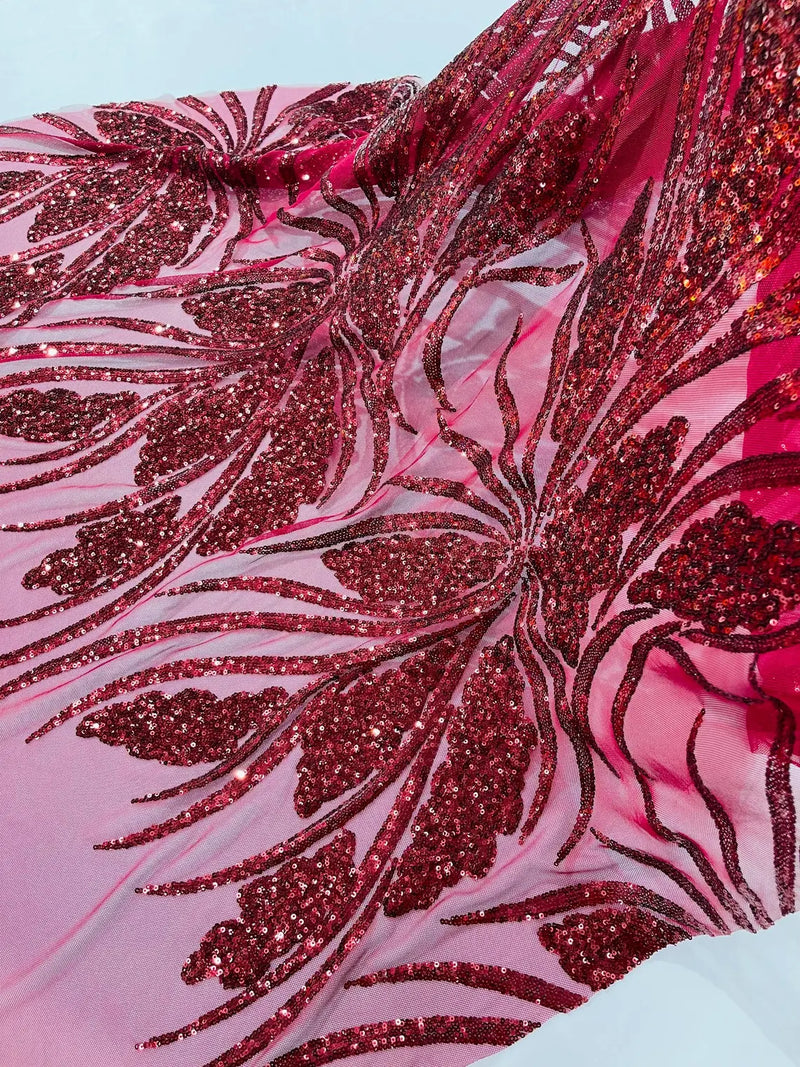 Wavy Leaf Design Fabric - Burgundy - 4 Way Stretch Sequins Lace Mesh Leaf Design Fabric by Yard