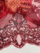 King Damask Lace Fabric - Burgundy - Corded Embroidery with Sequins on Mesh Lace Fabric By Yard