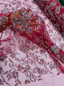 Floral Silver Bead Fabric - Burgundy - Beaded Flower Design with Sequins on Lace Mesh by Yard