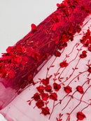 3D Floral Glitter Fabric - Burgundy - 3D Sequins and Glitter Floral Design on Mesh Sold By Yard