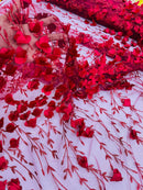 3D Glitter Floral Fabric - Burgundy - Floral Line Glitter Designs on Mesh Fabric Sold By Yard