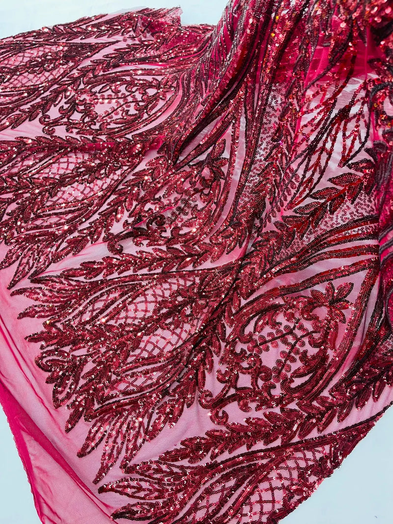 Mermaid Design Fabric - Burgundy - 4 Way Stretch Sequins Fabric on Lace Mesh Sold By Yard