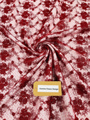 Jasmine Flower Fabric - Burgundy - Embroidered Floral Design Lace Mesh Bridal Fabric By Yard