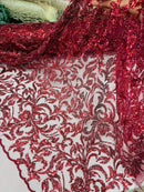Floral Leaf Bead Fabric - Burgundy - Leaf Design Shiny Beads and Sequins on Lace Mesh by Yard
