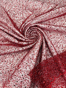 Beaded Mesh 3D Fabric - Burgundy - Beaded Lace Mesh Fabric Embroidered with Small Sequins Sold By Yard