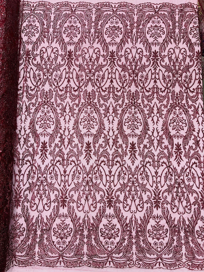 Beautiful Damask Design Glitter Fabric - Burgundy - Glitter Design on Lace Mesh Dress Fabric By Yard