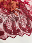 Metallic Paisley Floral Lace - Burgundy - Corded Floral Lace with Metallic Thread on Mesh By Yard