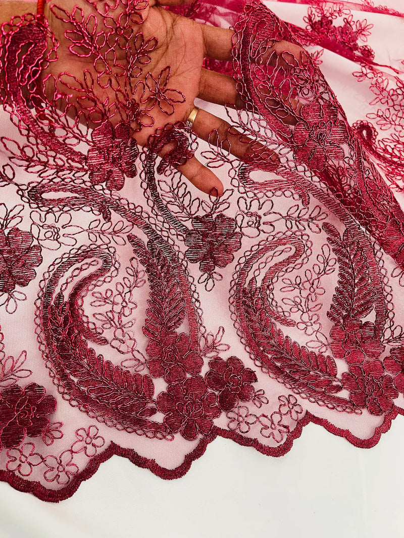 Metallic Paisley Floral Lace - Burgundy - Corded Floral Lace with Metallic Thread on Mesh By Yard