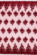 Flower 3D Corded Fabric - Burgundy - Lace Mesh Fabric Embroidered Floral Design by Yard