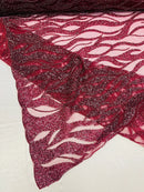 Flaming Fire Design Bead Fabric - Burgundy  - Beaded Embroidered Fabric By Yard