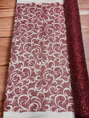 Swirl Design Bead Fabric - Burgundy - Beaded Swirl Design with Sequins on Mesh Lace by Yard