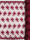 3D Flower Pearl Design - Burgundy - Embroidered Sequins Floral Clusters Lace Fabric By Yard