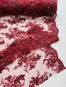 Beaded Sequins Floral Fabric - Burgundy - Embroidered Beaded Floral Clusters Sequins Fabric By Yard