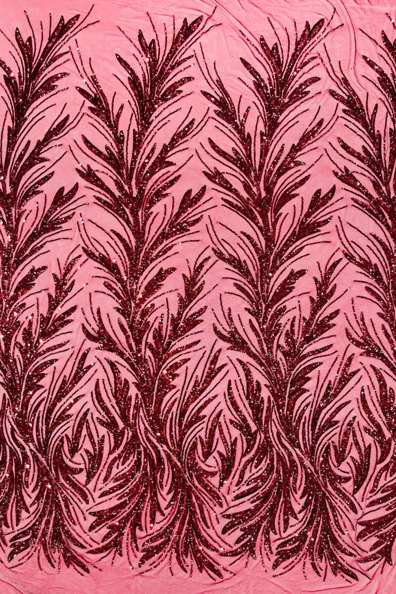 Leaf Stretch Sequins Fabric - Burgundy - 4 Way Stretch Sequins on Lace Mesh Fabric by Yard