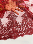 Floral Damask Corded Fabric - Burgundy - Embroidered Floral Design with Damask Border By Yard