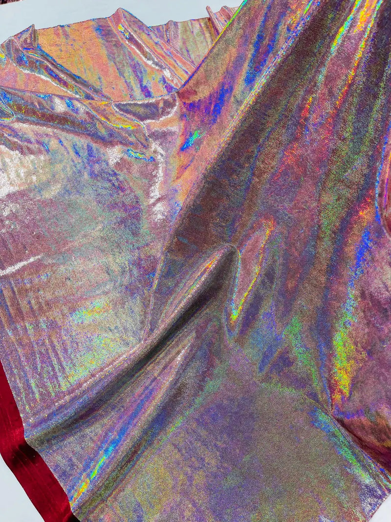 Foggy Foil Velvet Fabric - Silver on Burgundy - Oil Slick 4 Way Stretch Foil Velvet Fabric By Yard