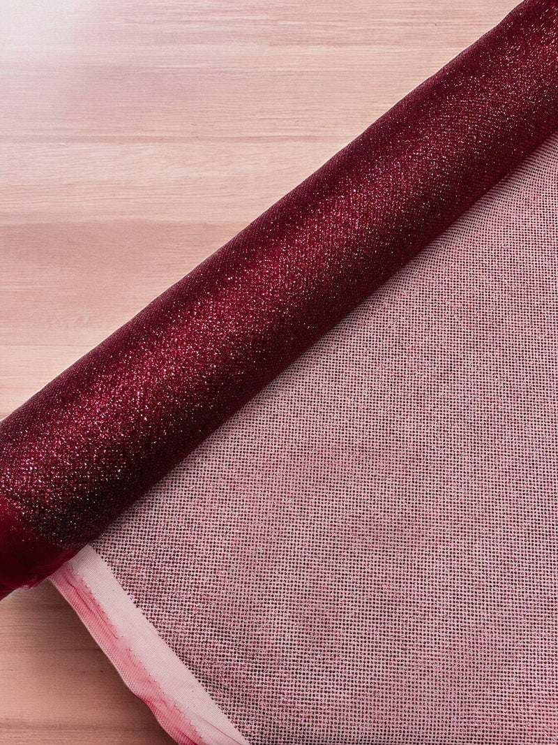 Glitter Lace Mesh Fabric - Burgundy - Shimmer Glitter Dot Design on Mesh Lace By Yard