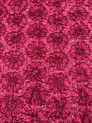 Sequins Satin Rosette Fabric - Burgundy - 3D Satin Rose Sequins Floral Fabric Sold By The Yard