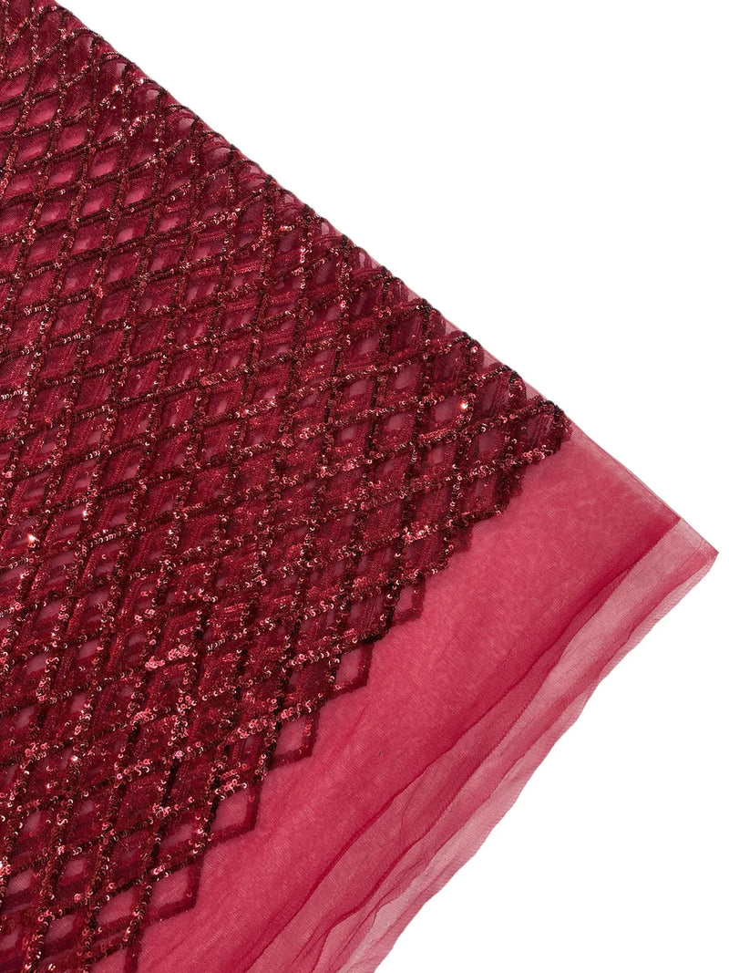 Diamond Net Sequins Fabric - Burgundy - Geometric Diamond Net Design on Mesh Lace Fabric By Yard