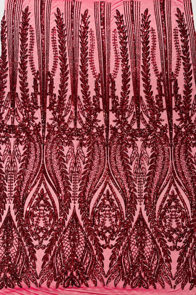 Mermaid Design Fabric - Burgundy - 4 Way Stretch Sequins Fabric on Lace Mesh Sold By Yard