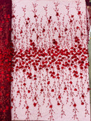 3D Glitter Floral Fabric - Burgundy - Floral Line Glitter Designs on Mesh Fabric Sold By Yard