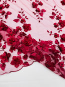 Floral 3D Pearl Fabric - Burgundy - Embroidered Double Border Flower Design Pearl Fabric By Yard