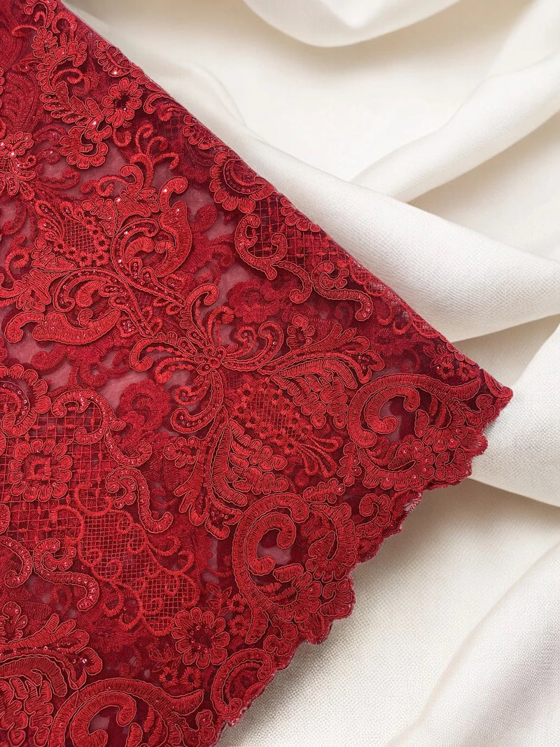 King Lace Design Fabric - Burgundy - King Design with Sequins Embroidered On Mesh By Yard