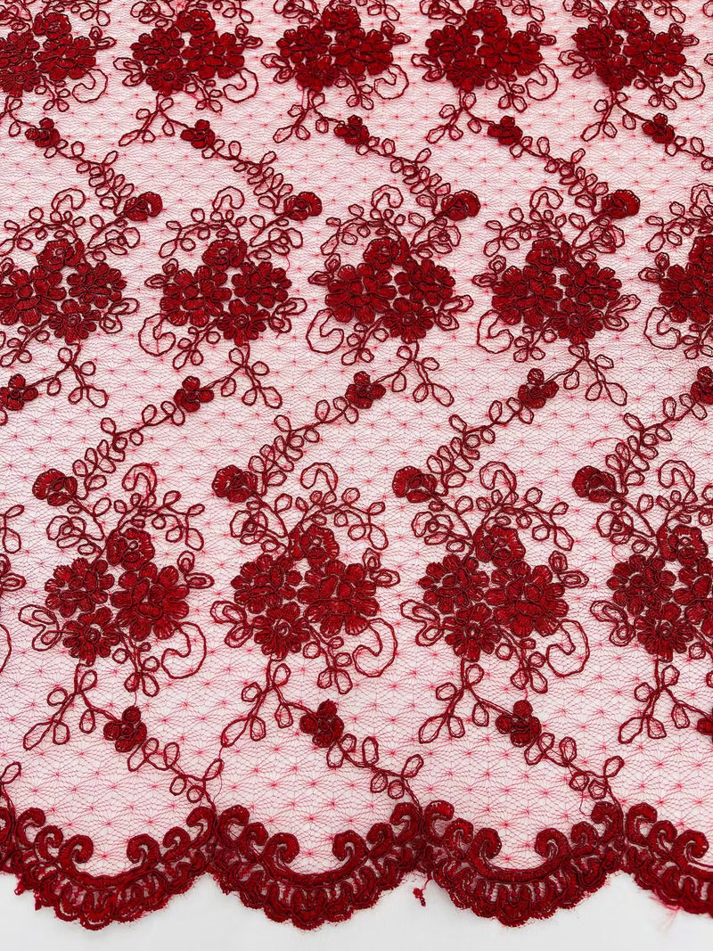 Jasmine Flower Fabric - Burgundy - Embroidered Floral Design Lace Mesh Bridal Fabric By Yard