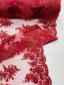 Flower Lace Sequins Fabric - Burgundy - Embroidered Floral Pattern Fabric with Sequins on Lace By Yard