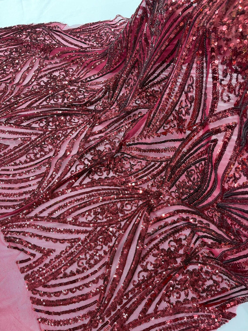 Curvy Design Sequins Fabric - Burgundy - 4 Way Stretch Curvy Sequins Design Mesh Fabric by Yard