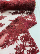 Rose Beaded Sequin Fabric - Burgundy - Embroidered Floral Pattern with Beads and Sequins By Yard