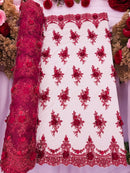 3D Floral Sequins Design - Burgundy - Embroidered Floral Lace Fabric With Sequins / Pearls By Yard