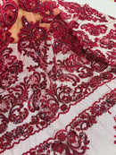 My Lady Beaded Fabric - Burgundy - Damask Beaded Sequins Embroidered Fabric By Yard