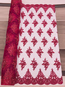 Floral Damask Bead Fabric - Burgundy - Embroidered Floral Clusters with Beads / Sequins by Yard