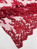Braid Leaf Designs Lace Fabric - Burgundy - Embroidered Floral Leaf Pattern on Lace Mesh Fabric By Yard