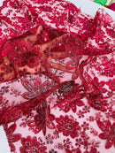 Metallic Floral Lace Fabric - Burgundy - Hologram Sequins Floral Metallic Thread Fabric by Yard