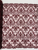 Beaded Butterfly Pattern Fabric - Burgundy - Damask Fancy Bead Sequins Fabric Sold by Yard
