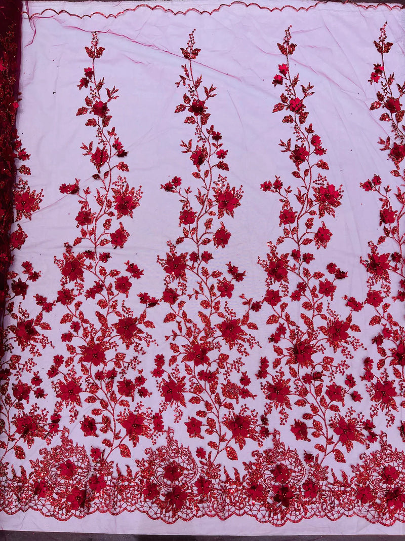 3D Glitter Floral Fabric - Burgundy - Glitter Sequin Flower Design on Lace Mesh Fabric by Yard