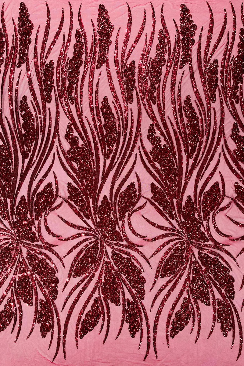 Wavy Leaf Design Fabric - Burgundy - 4 Way Stretch Sequins Lace Mesh Leaf Design Fabric by Yard