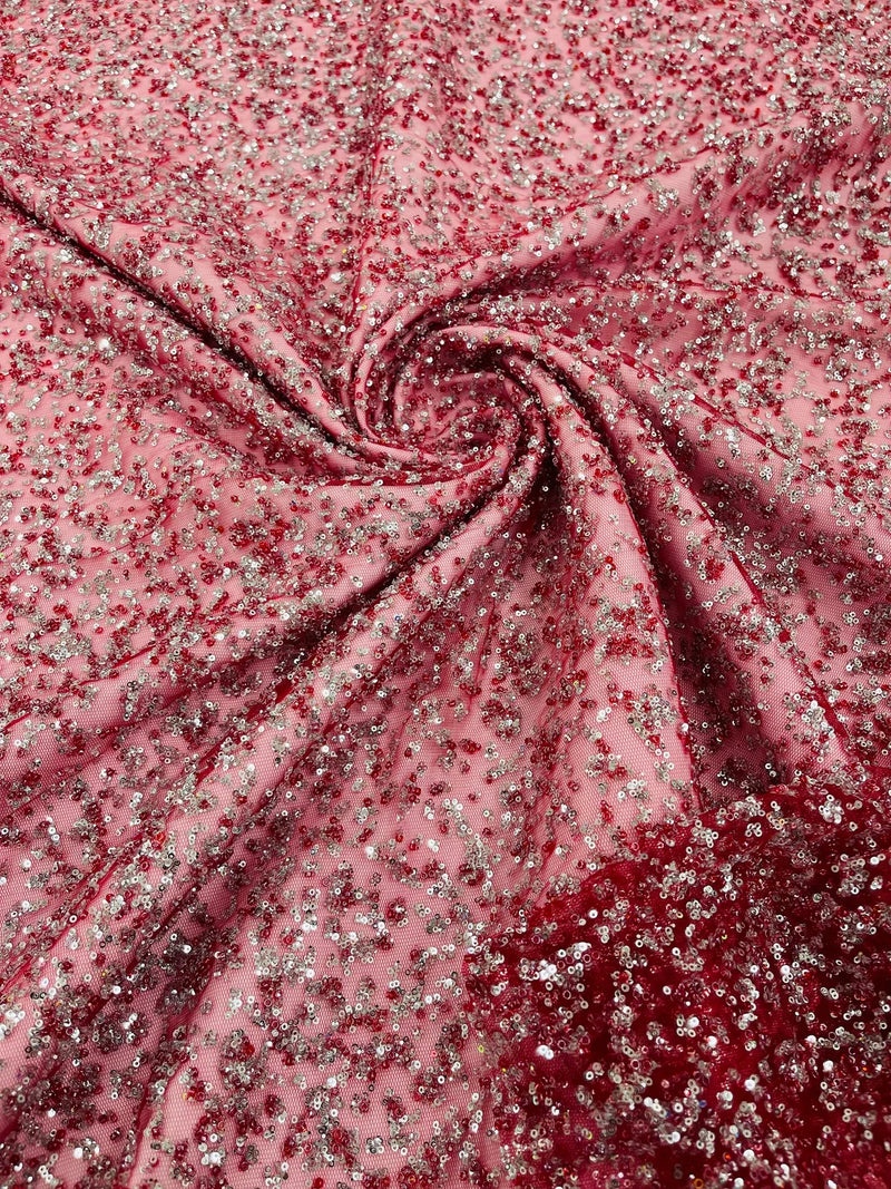 Bead/Sequins Lace Fabric - Burgundy - Small Sequins and Beads Embroidered on Lace Fabric By Yard